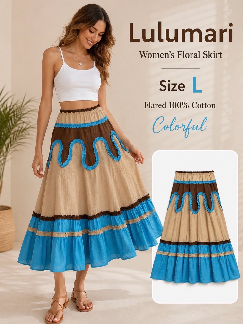 Lulumari Women's Beige and Blue Floral Flared Cotton Skirt L